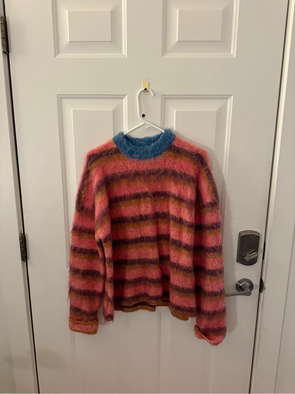 Topshop Fuzzy Striped Crewneck Sweater in Pink, Brown & Blue
